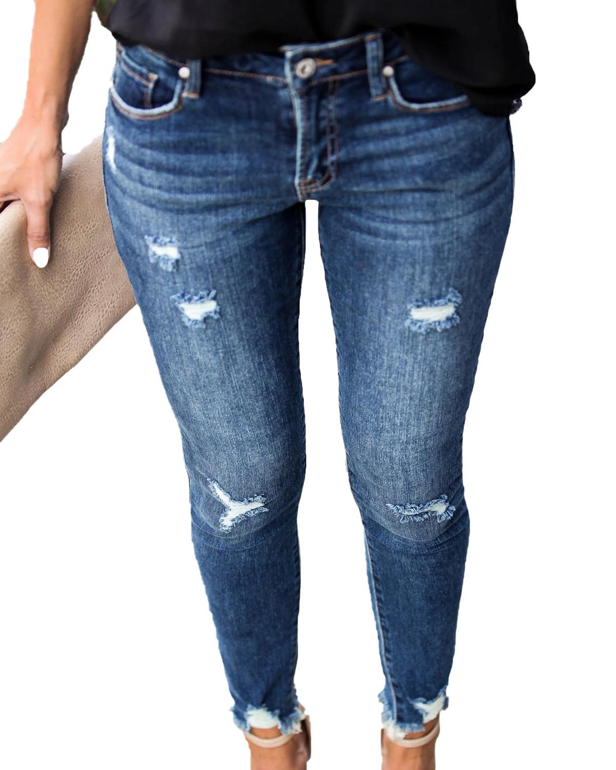 DressBetty - Waist Skinny Jeans Vintage Distressed Denim Holes Destroyed Pencil Pants