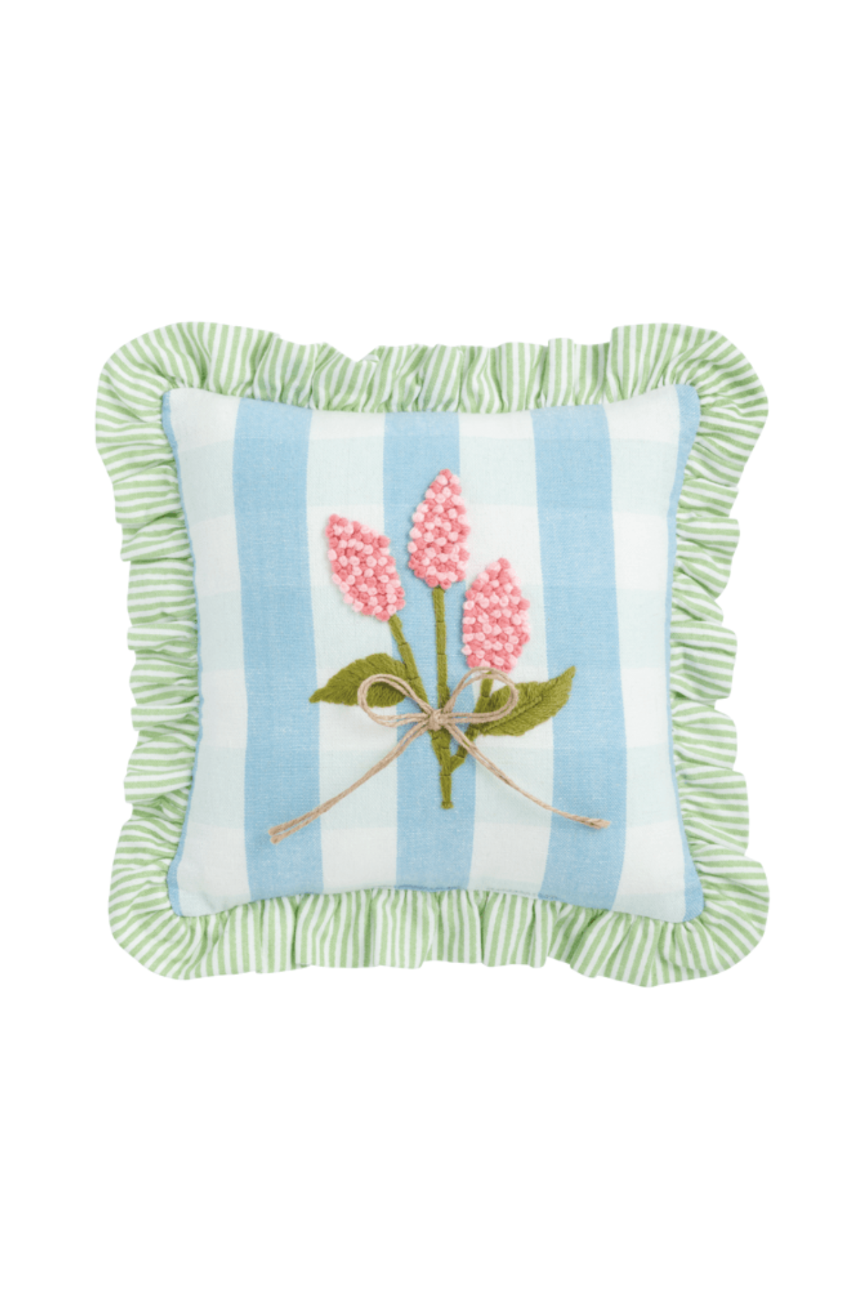 Blue Checkered Ruffle Floral Embroidered Pillow