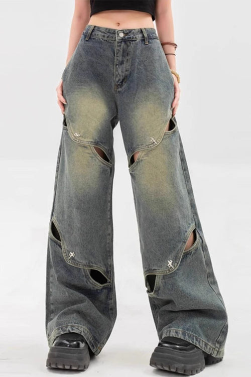 Heavy Cutout Vintage Long Wide Leg Jeans