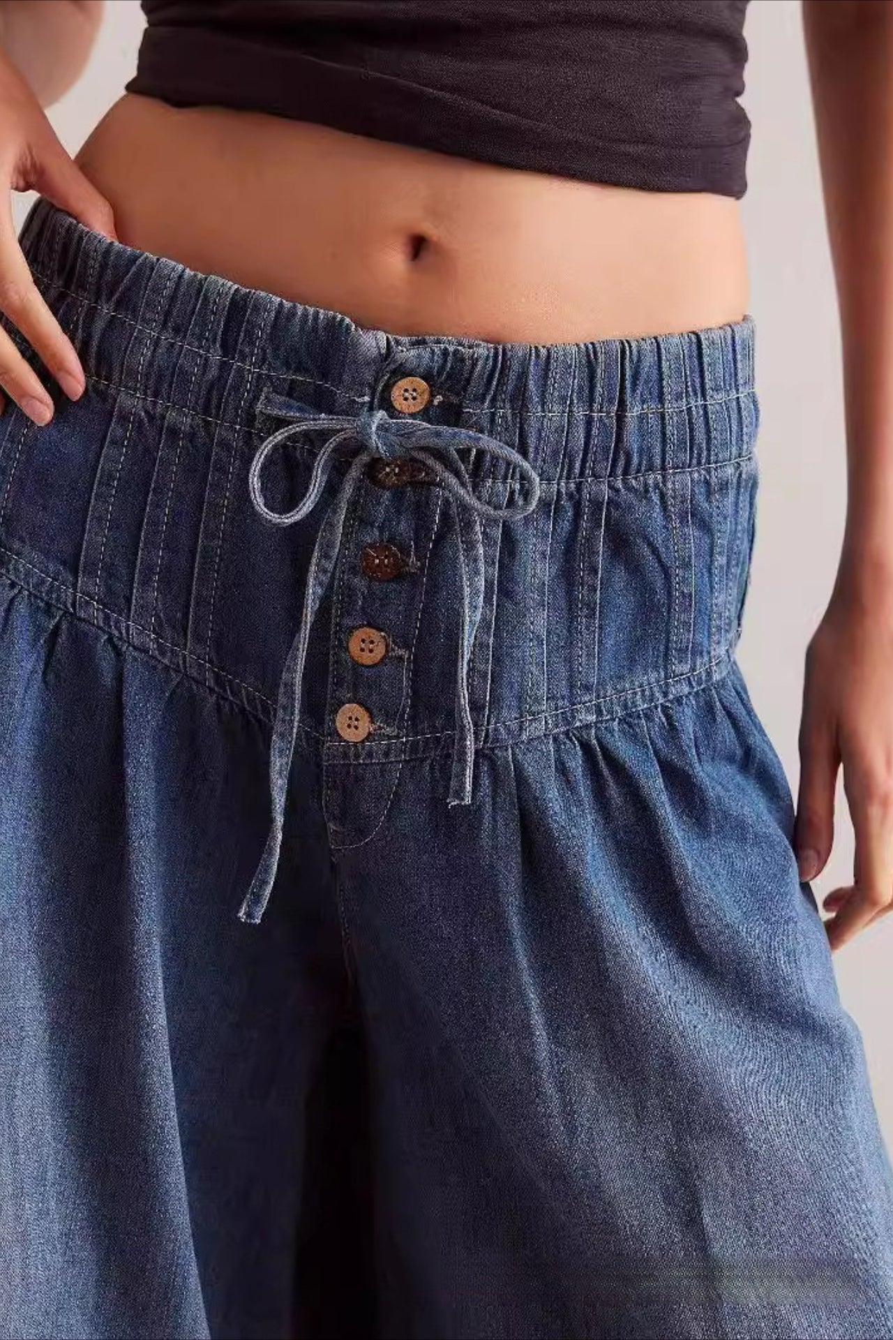 Ruched Mid Rise Tie Front Jeans