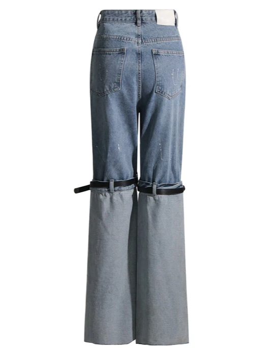 High-Rise Contrast Turn-up Straight-Leg Hybrid Jeans