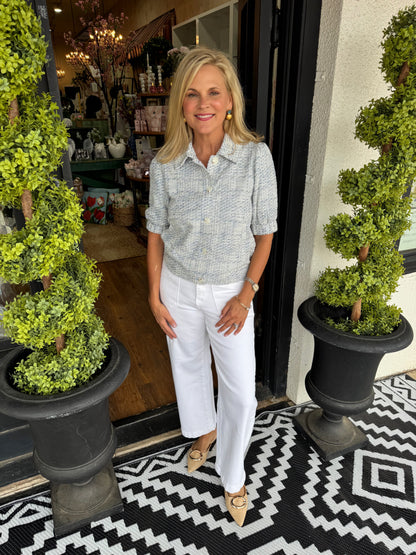 Liverpool Short Puff Sleeve Jacket - Cream/Blue Plaid