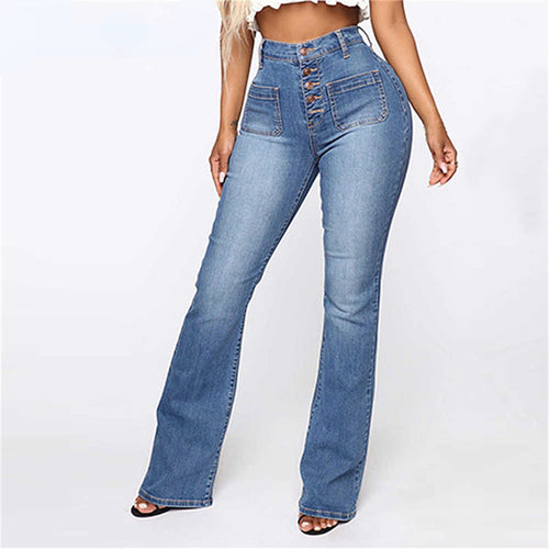 DressBetty - High Waist Elastic Jeans Women Button Washed Denim Pants Femme Pocke