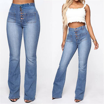 DressBetty - High Waist Elastic Jeans Women Button Washed Denim Pants Femme Pocke