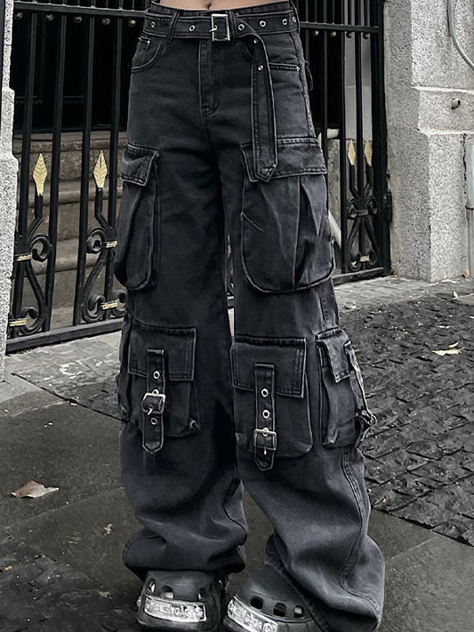 Black Vintage Multi Pockets Cargo Jeans