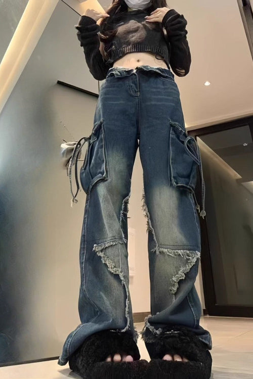 Y2K Vintage Gothic Star Pocket Straight Wide Leg Jeans