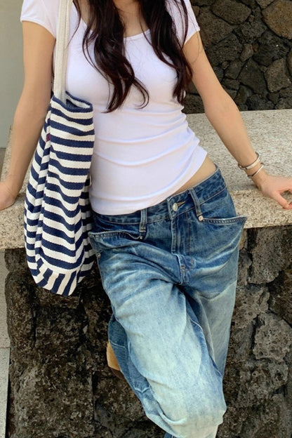 Blue Low Rise Washed Relaxed Straight Jeans