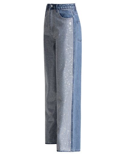 Women’s Diamond-Encrusted High-Waist Straight Casual Jeans