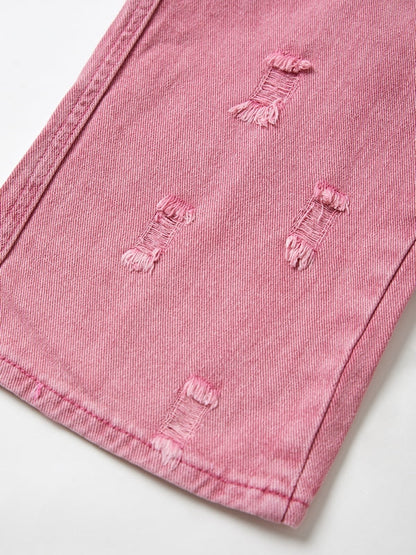 Pink Y2K Multi Pocket Ripped Cargo Jeans with Faded Effect