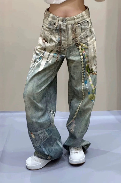 Lace Pearl Chain Printed Vintage Washed Casual Jeans