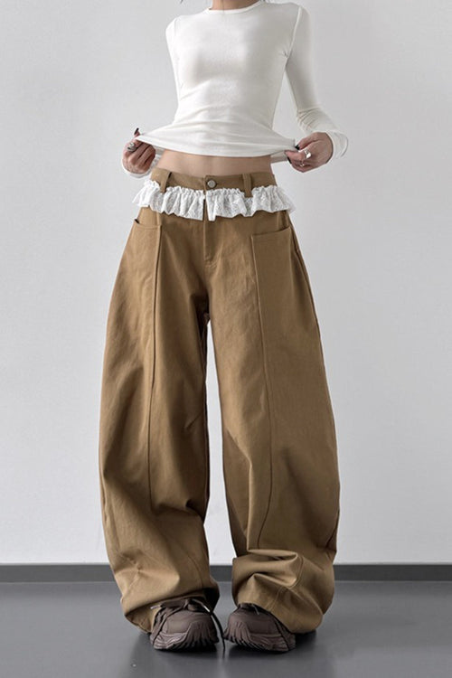 High Waist Lace Paneled Straight Wide Leg Floor Length Jeans