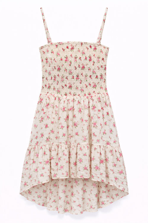 JUNIOR JULIET SMOCKED BODICE HI-LOW DRESS