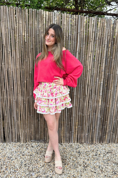 TWEEN MELODY PRINTED DROP WAIST LACE TRIM SKIRT - FINAL SALE