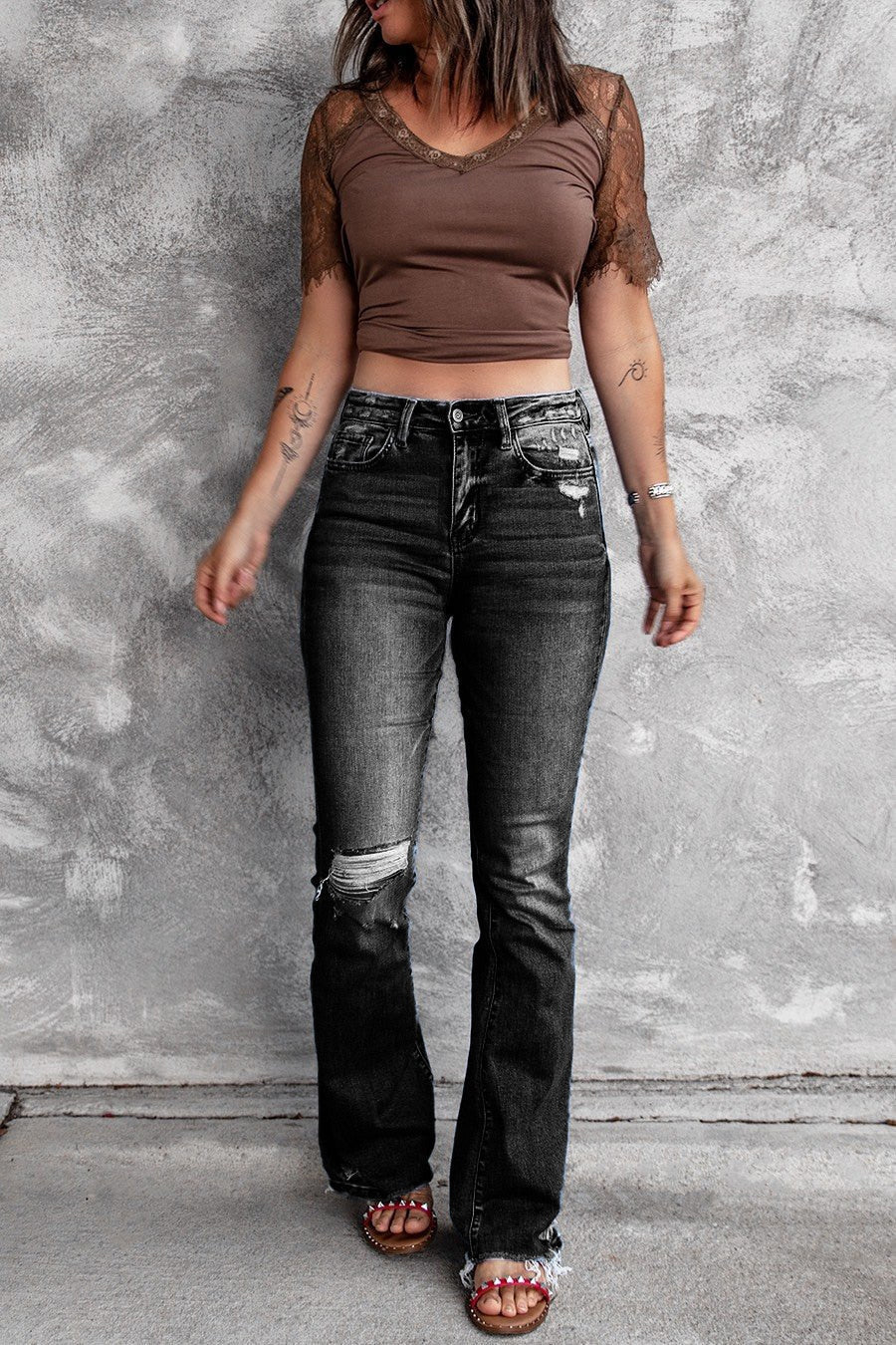 DressBetty - Holes Ripped Tassel Flare Jeans High Waist Denim Ladies Vintage Stretch Slim Jeans