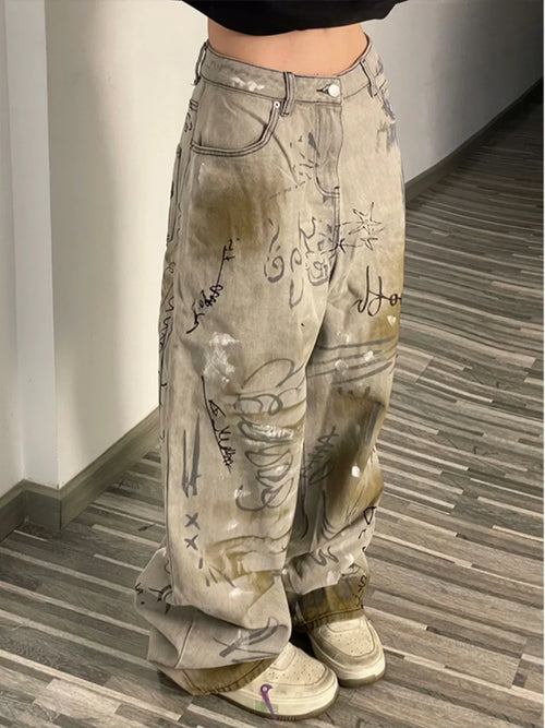 High Waist Vintage Straight Denim Streetwear Hand Drawn Wide Leg Jeans