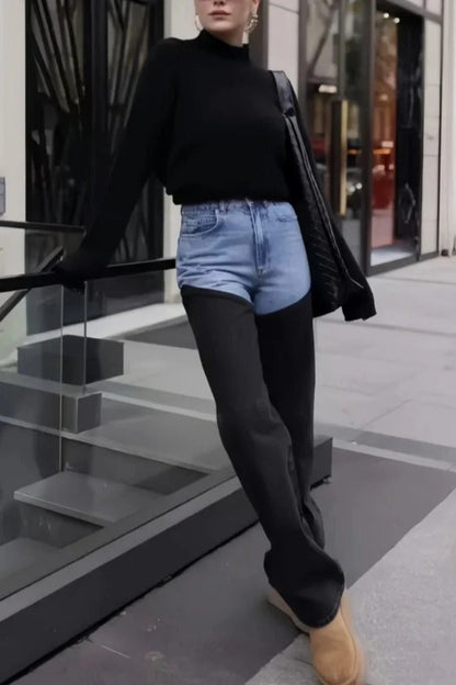 Washed Patchwork Slim Denim Jeans