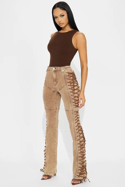Drawstring Lace-Up Denim Jeans