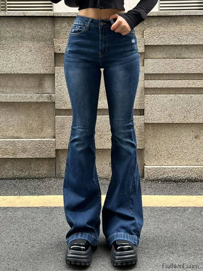 Blue Wash Distressed Stretch Flare Jeans