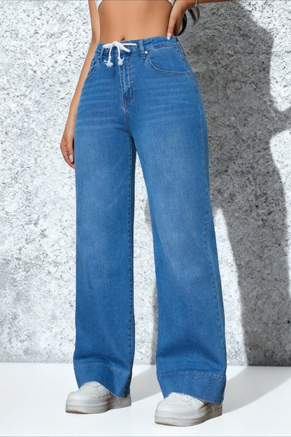Drawstring Stretch Relaxed Straight Jeans