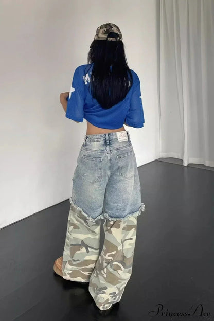 Camouflage Print Patchwork Loose Fit Streetwear Jeans