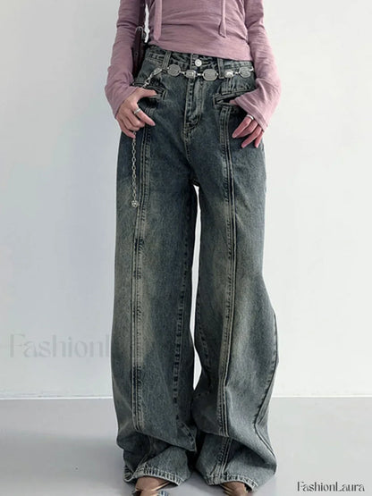 Center Stripe Wide Trendy Leg Jeans Without Belt
