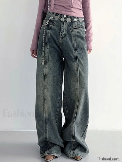 Center Stripe Wide Trendy Leg Jeans Without Belt