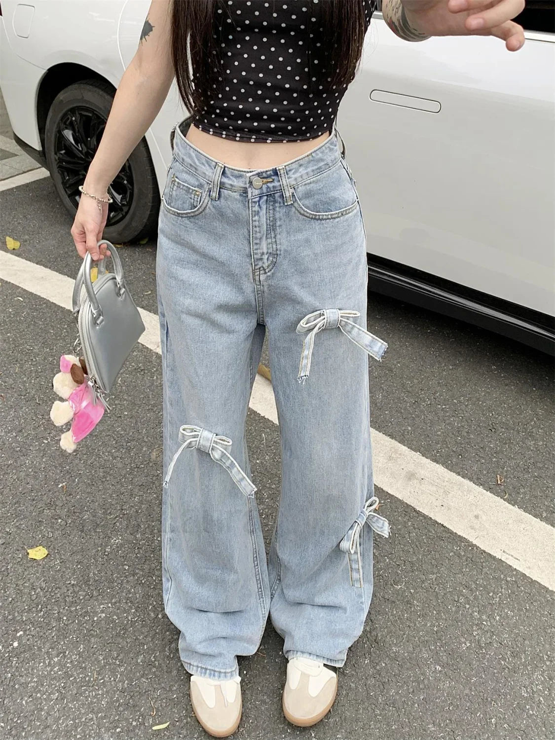Denim Bow High Trendy Waist Wide Leg Jeans
