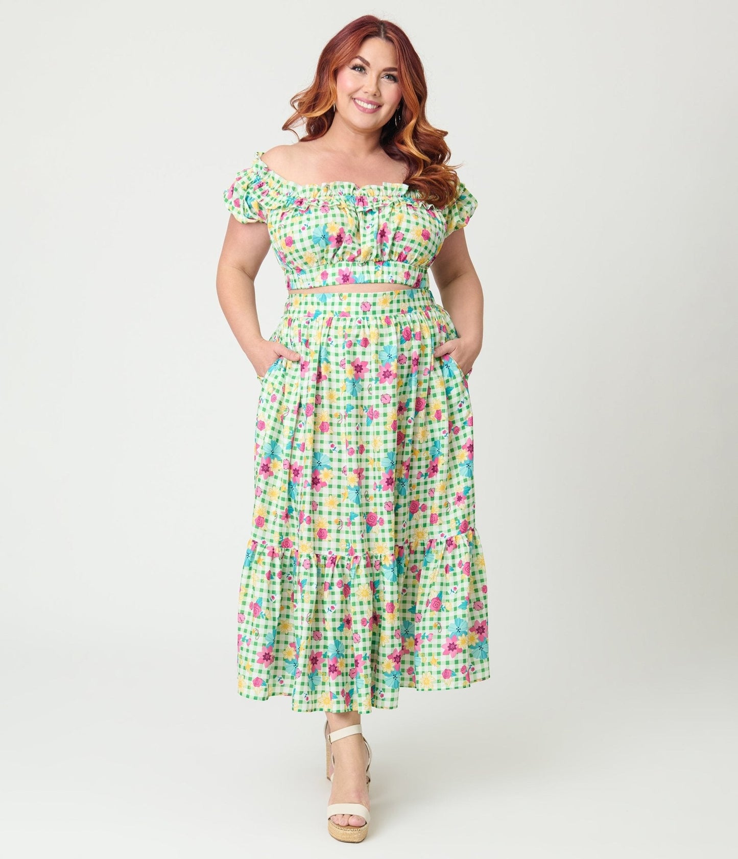 Disney Princess Collection by Unique Vintage Plus Size Green Gingham Tiered Midi Skirt