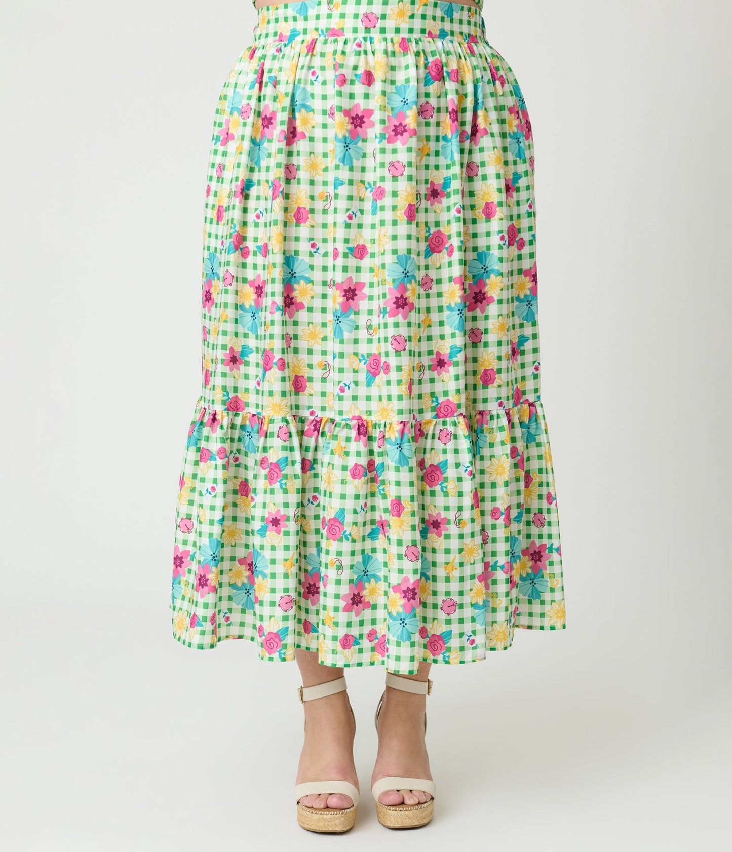 Disney Princess Collection by Unique Vintage Plus Size Green Gingham Tiered Midi Skirt