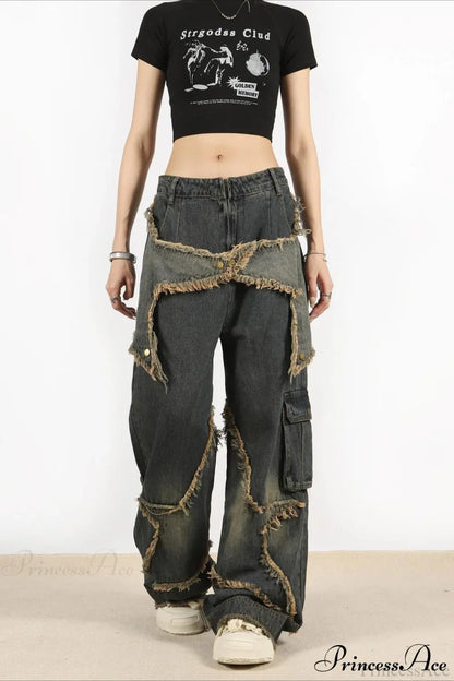 Distressed Frayed Star Straight Leg Hip Hop Jeans