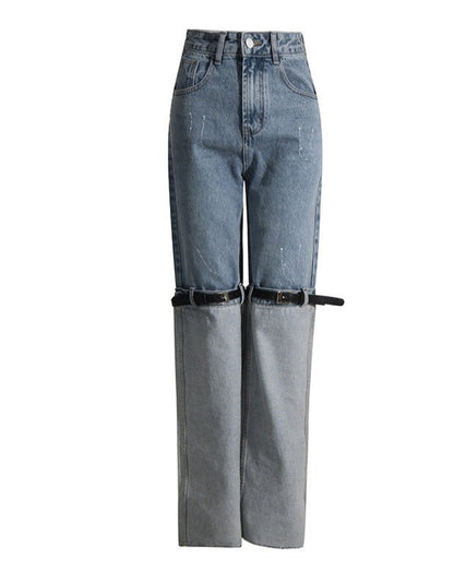High-Rise Contrast Turn-up Straight-Leg Hybrid Jeans