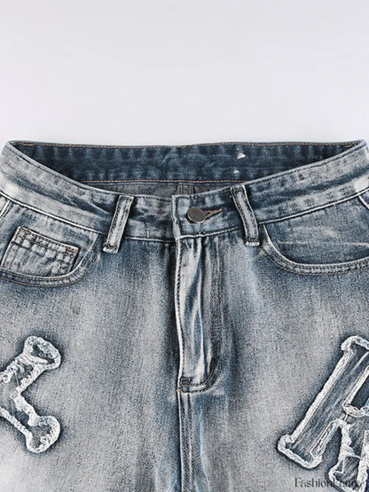 Letter Patch Faded Boyfriend Jeans