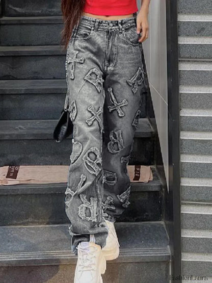 Letter Patch Faded Boyfriend Jeans