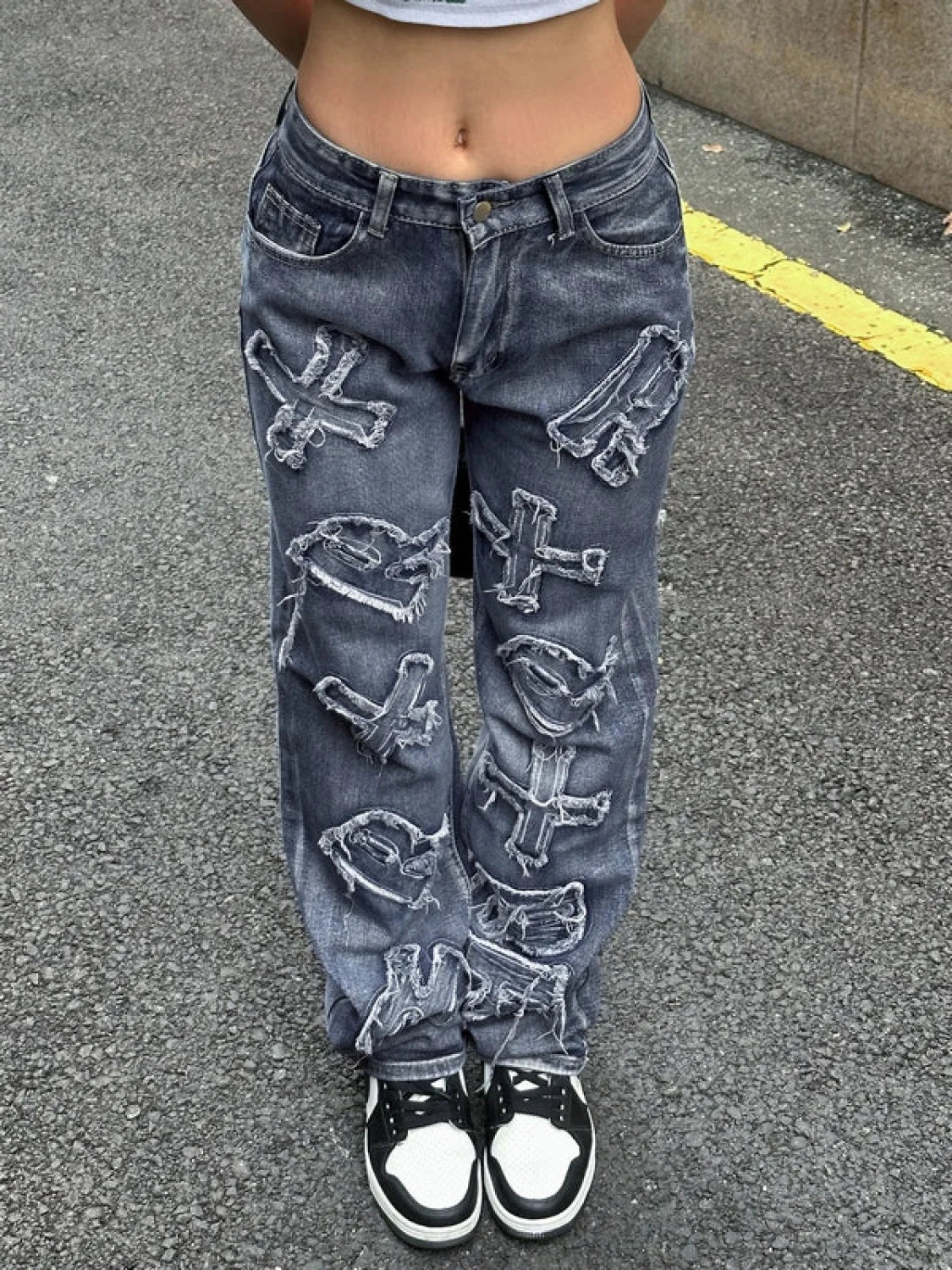Letter Patch Faded Boyfriend Jeans