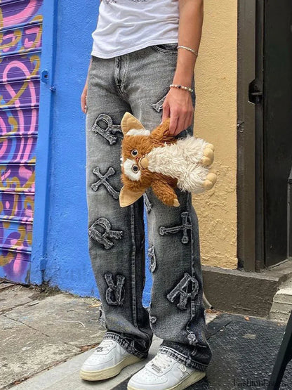 Letter Patch Faded Boyfriend Jeans