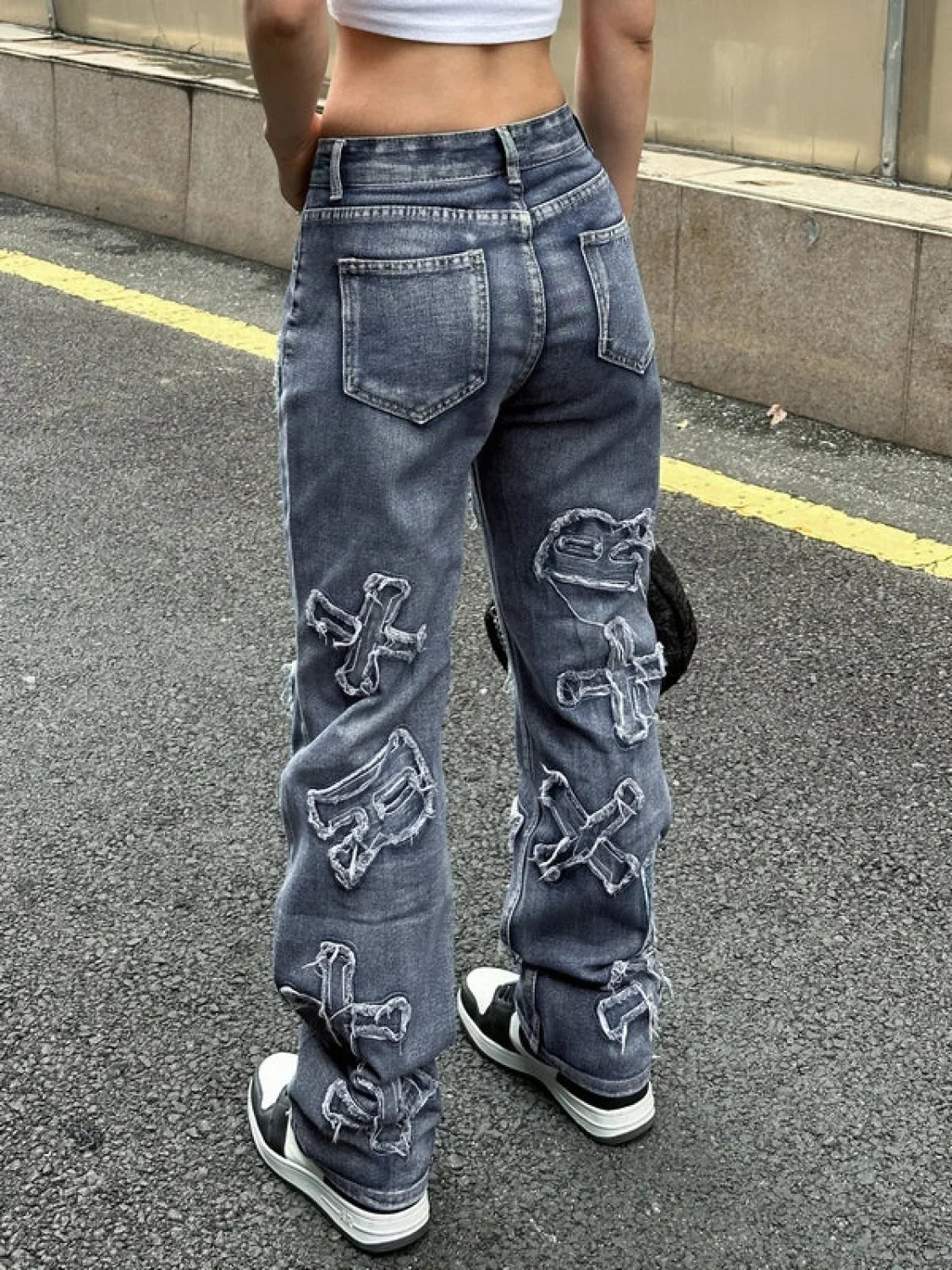 Letter Patch Faded Boyfriend Jeans