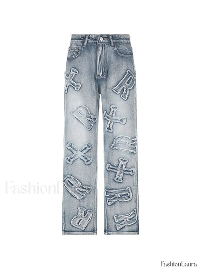 Letter Patch Faded Boyfriend Jeans