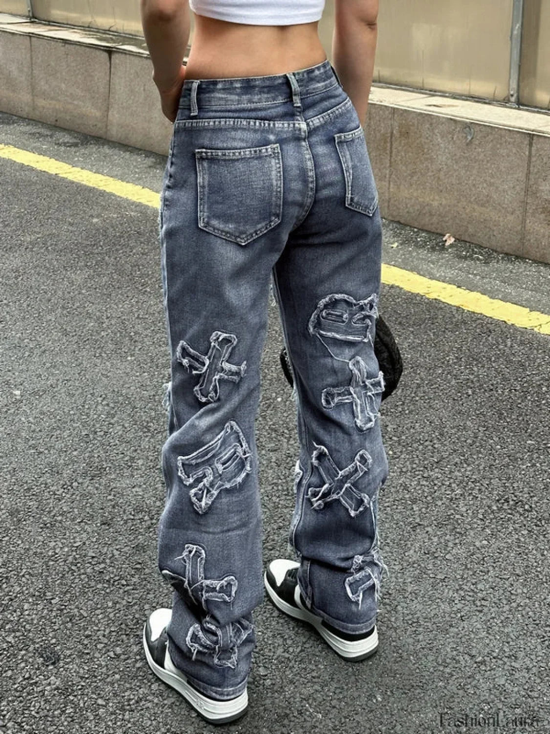 Letter Patch Faded Boyfriend Jeans