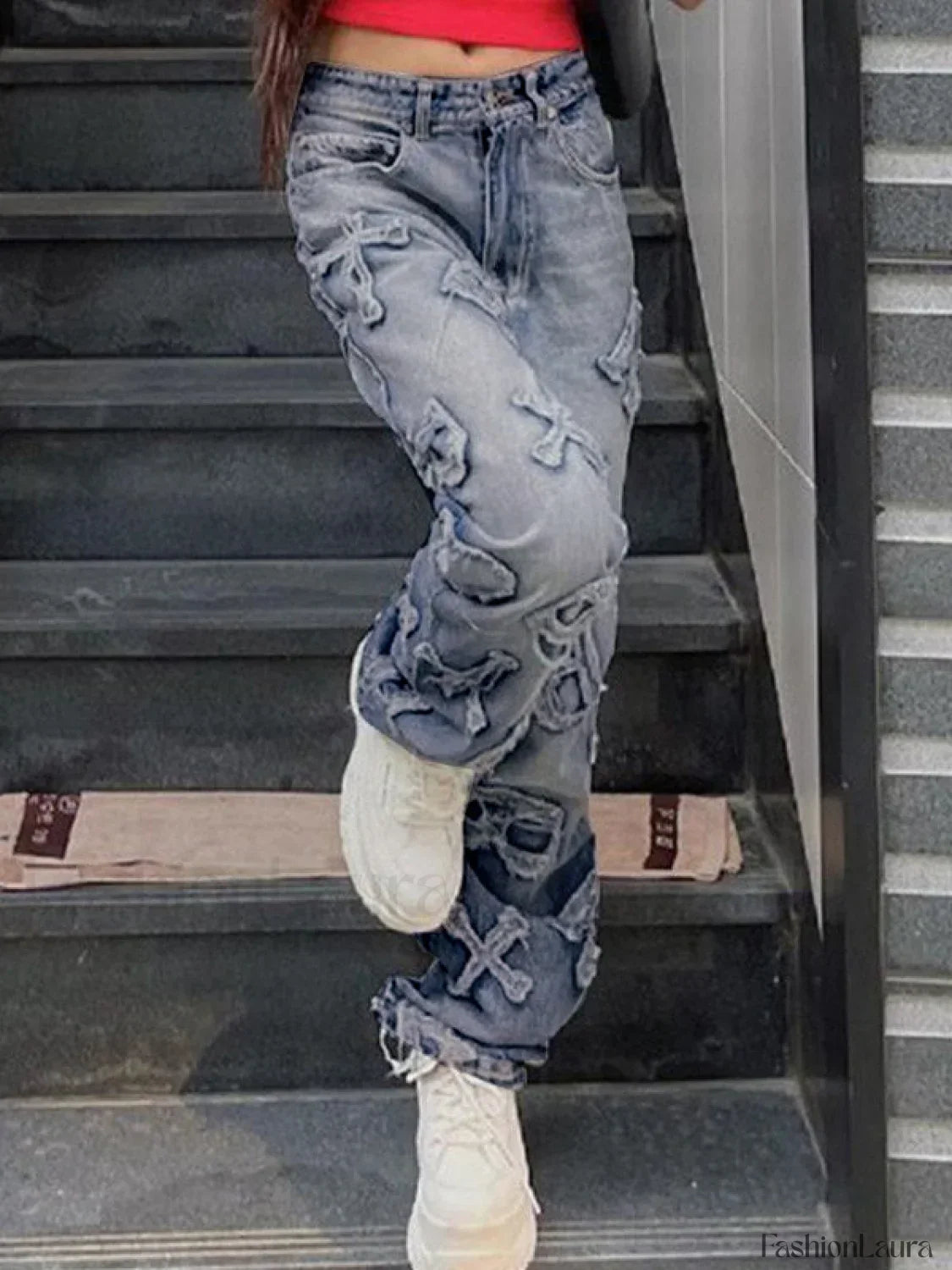 Letter Patch Faded Boyfriend Jeans