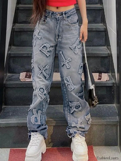 Letter Patch Faded Boyfriend Jeans