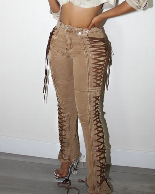 High-Waisted Tie-Strap Jeans