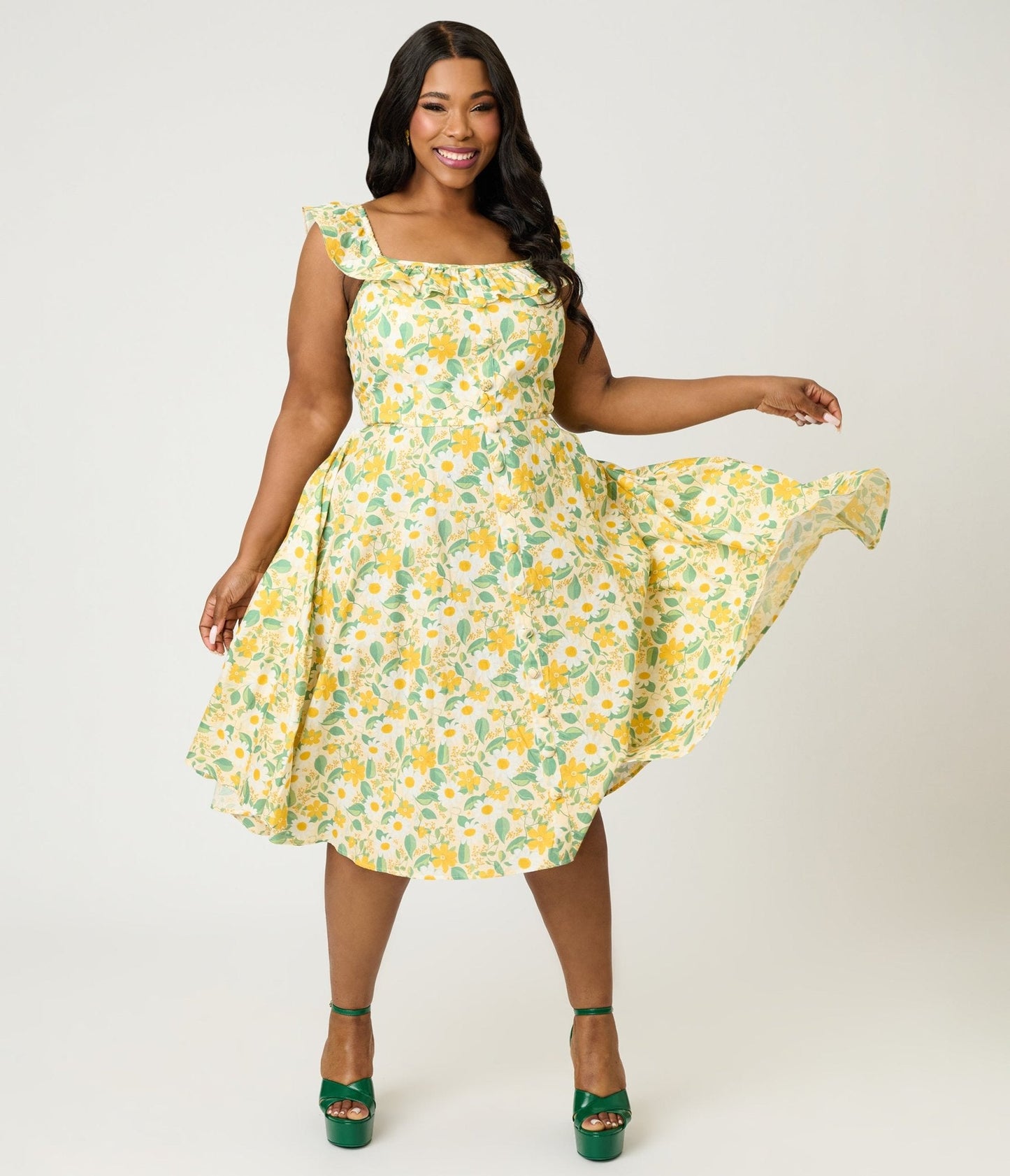 Magnolia Place Plus Size Yellow Floral Cotton Barbara Swing Dress