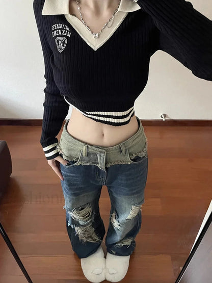 Patchwork Distressed Straight Trendy Leg Ripped Jeans