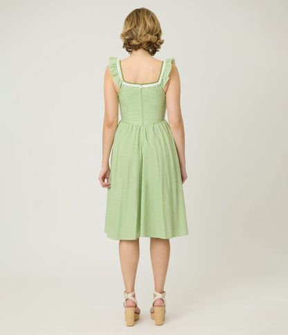 Unique Vintage Green Gingham Sweetheart Flutter Sleeve Swing Dress