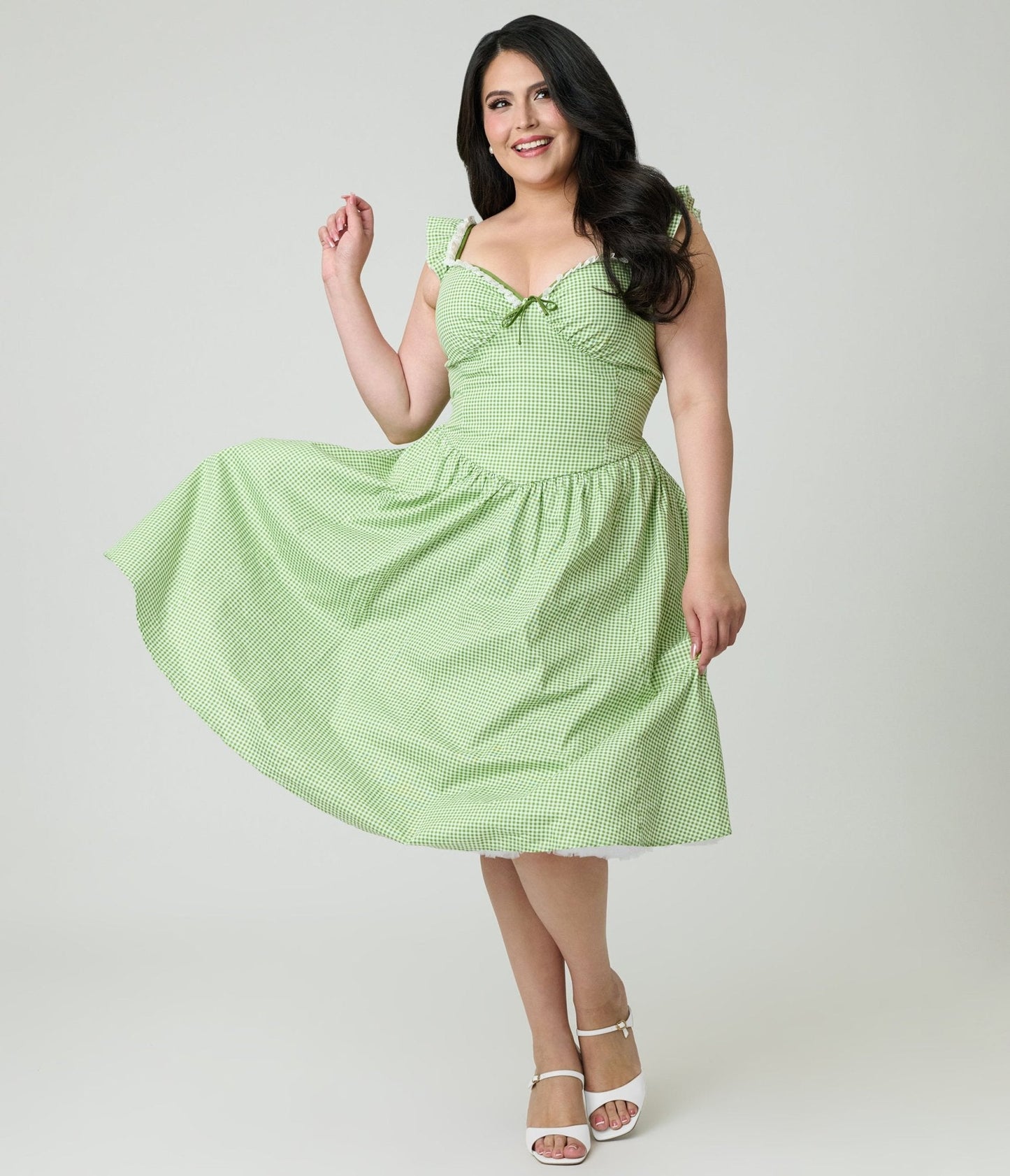 Unique Vintage Plus Size Green Gingham Sweetheart Flutter Sleeve Swing Dress