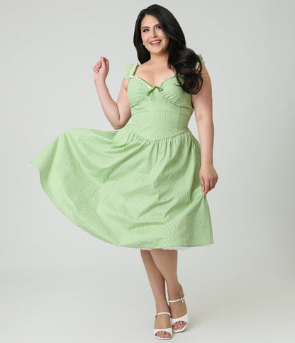 Unique Vintage Plus Size Green Gingham Sweetheart Flutter Sleeve Swing Dress
