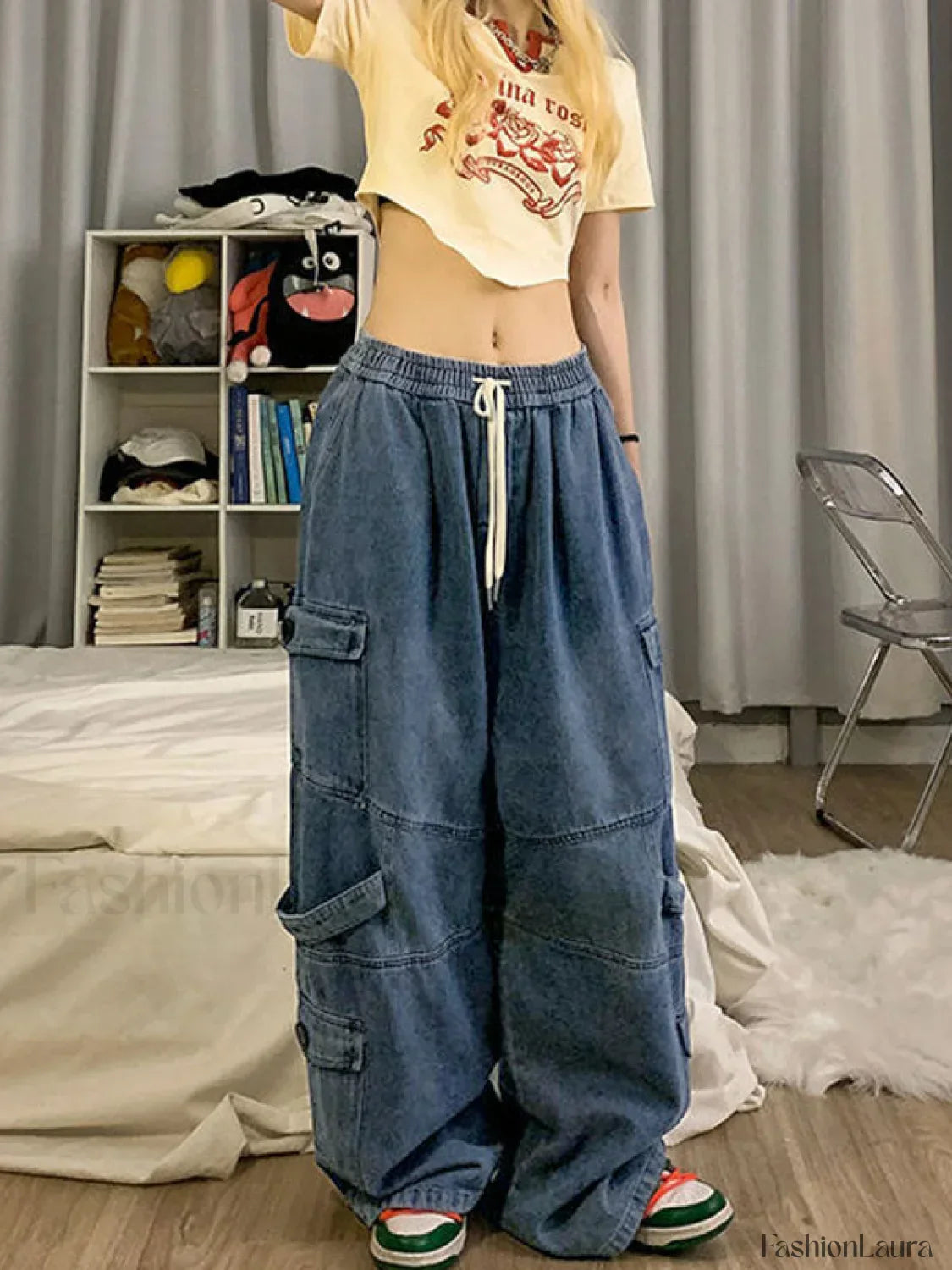 Punk Blue Wash Baggy Cargo Jeans