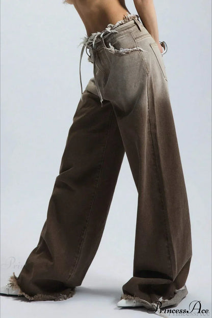 Retro Frayed Waist Ombre Straight Wide Leg Jeans