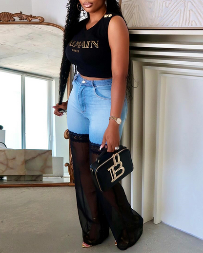 Paneled Mesh Jeans