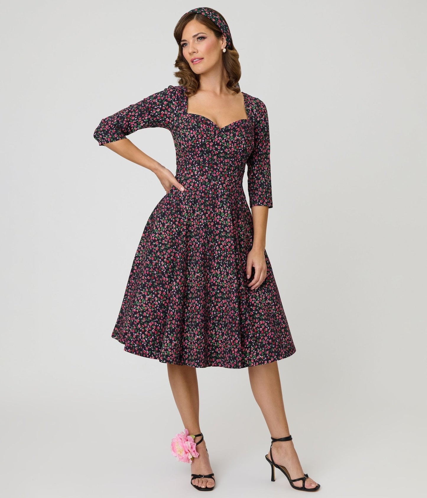 Unique Vintage Black Ditzy Rose Pleated Bust Swing Dress